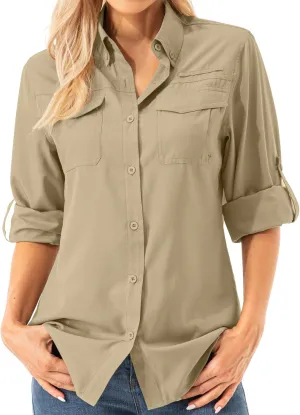 Womens Safari Sun Shirts UPF 50  UV Sun Protection Long Sleeve Outdoor Quick Dry Fishing Hiking Gardening Shirts