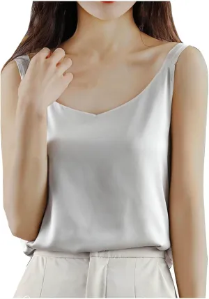 Women's Silk Satin Tank Tops V Neck Spaghetti Strap Sleeveless Camisole Solid Color Fashion Summer Basic Blouse