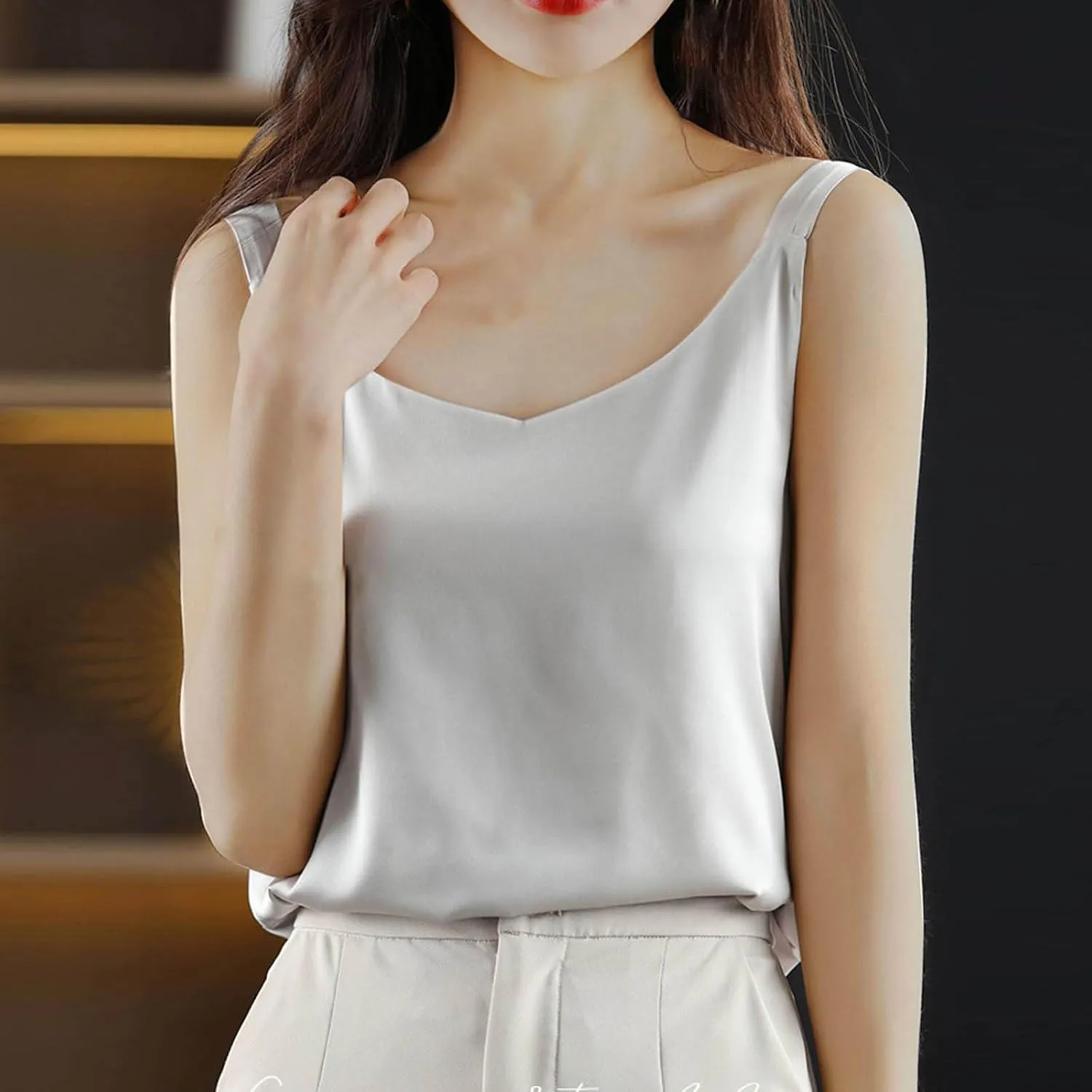 Women's Silk Satin Tank Tops V Neck Spaghetti Strap Sleeveless Camisole Solid Color Fashion Summer Basic Blouse