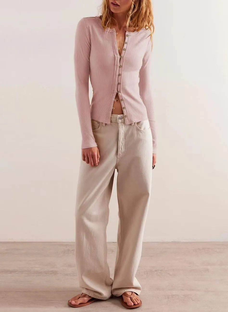 Womens Slim Fitted Cardigan Long Sleeve Ribbed Knit Button Down Shirts