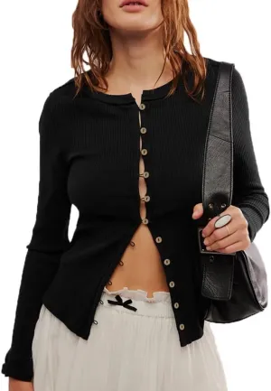Womens Slim Fitted Cardigan Long Sleeve Ribbed Knit Button Down Shirts