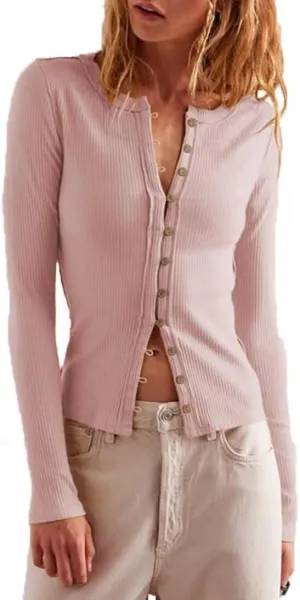 Womens Slim Fitted Cardigan Long Sleeve Ribbed Knit Button Down Shirts