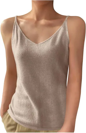 Womens Spaghetti Strap V-Neck Ribbed Knit Tank Tops Soft Camisole Casual Sleeveless Shirts Cami Top Basic Layering