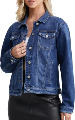 Women's Stretch Jean Jacket, Lightweight Soft Denim Jacket for Women Fitted Long Sleeve Womens Jean Trucker Coat