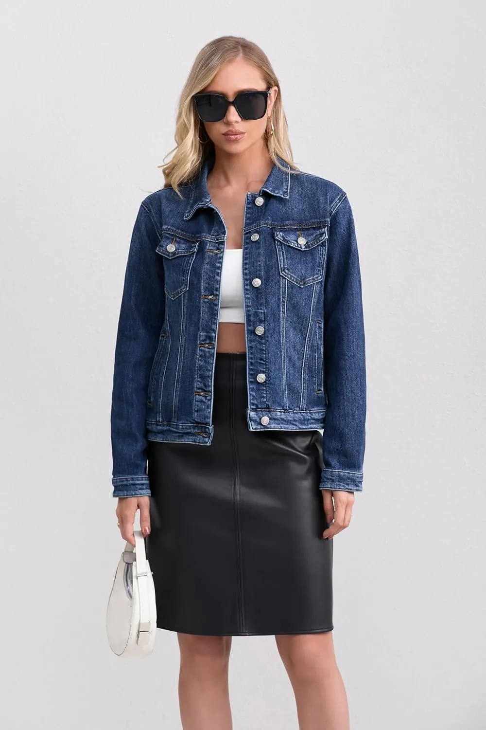 Women's Stretch Jean Jacket, Lightweight Soft Denim Jacket for Women Fitted Long Sleeve Womens Jean Trucker Coat