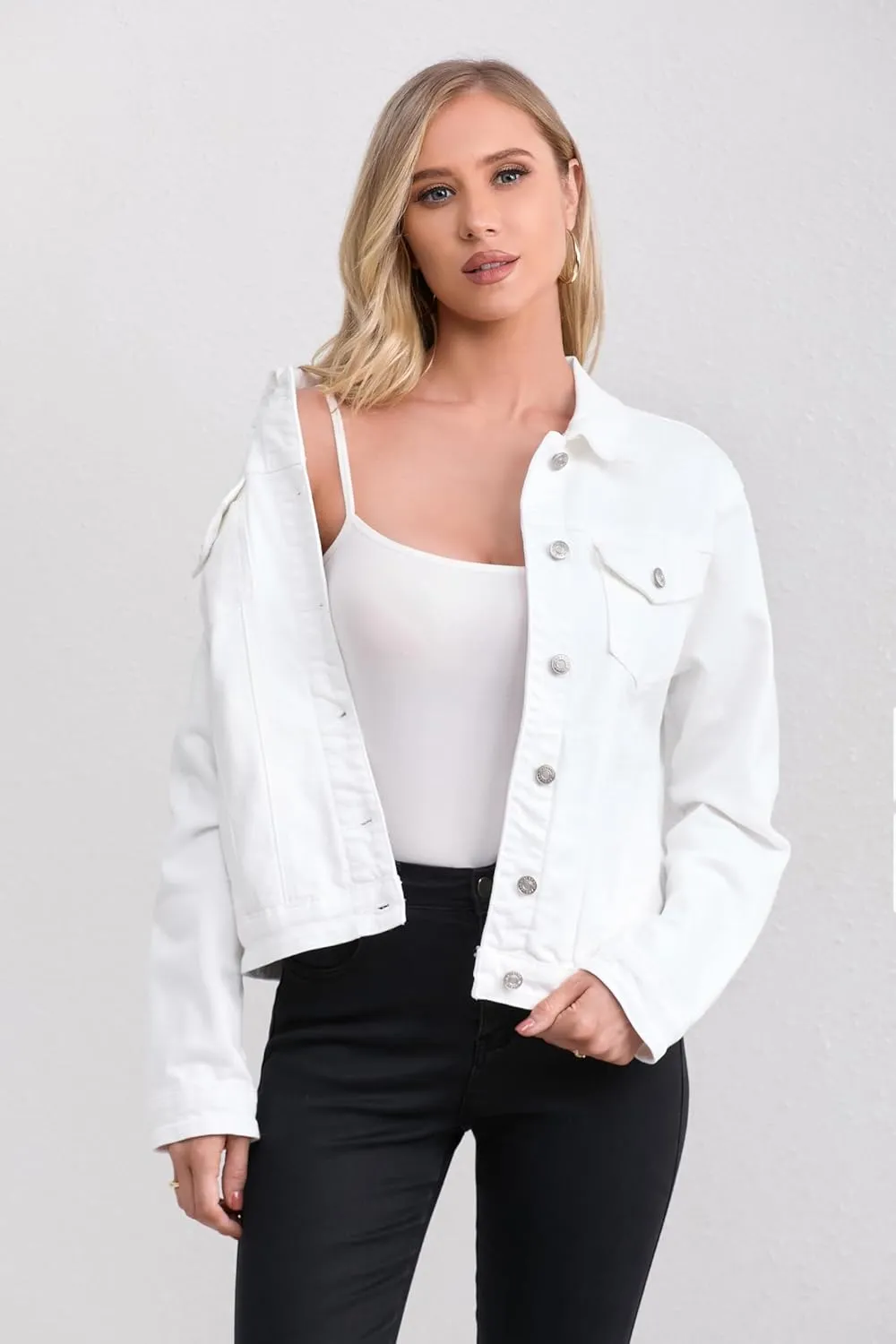 Women's Stretch Jean Jacket, Lightweight Soft Denim Jacket for Women Fitted Long Sleeve Womens Jean Trucker Coat