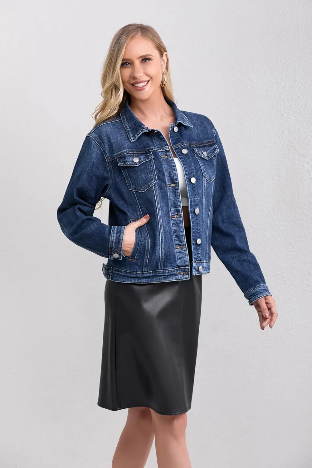 Women's Stretch Jean Jacket, Lightweight Soft Denim Jacket for Women Fitted Long Sleeve Womens Jean Trucker Coat