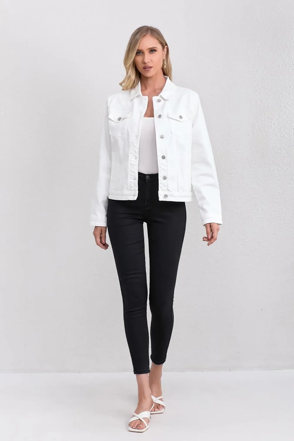 Women's Stretch Jean Jacket, Lightweight Soft Denim Jacket for Women Fitted Long Sleeve Womens Jean Trucker Coat