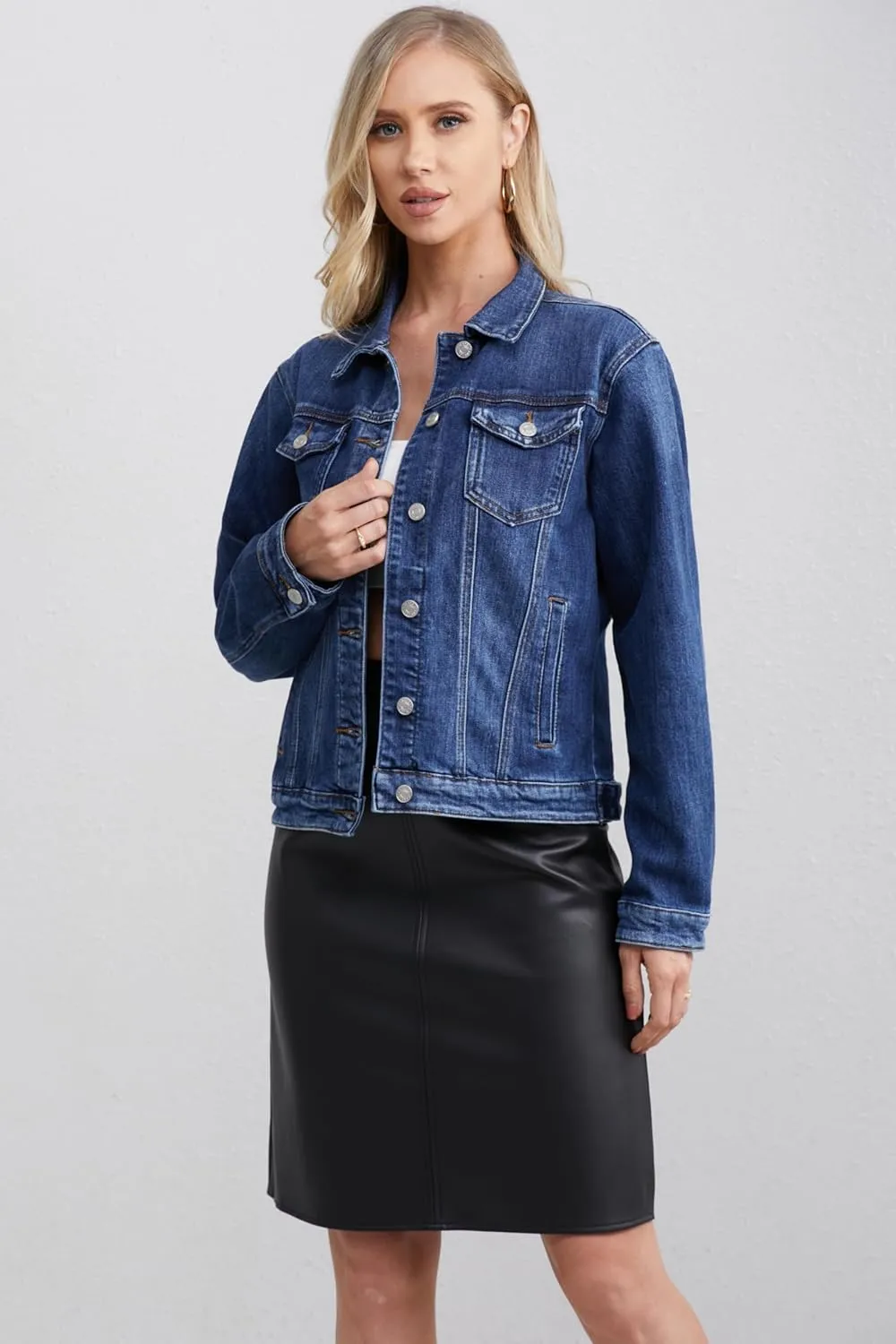 Women's Stretch Jean Jacket, Lightweight Soft Denim Jacket for Women Fitted Long Sleeve Womens Jean Trucker Coat