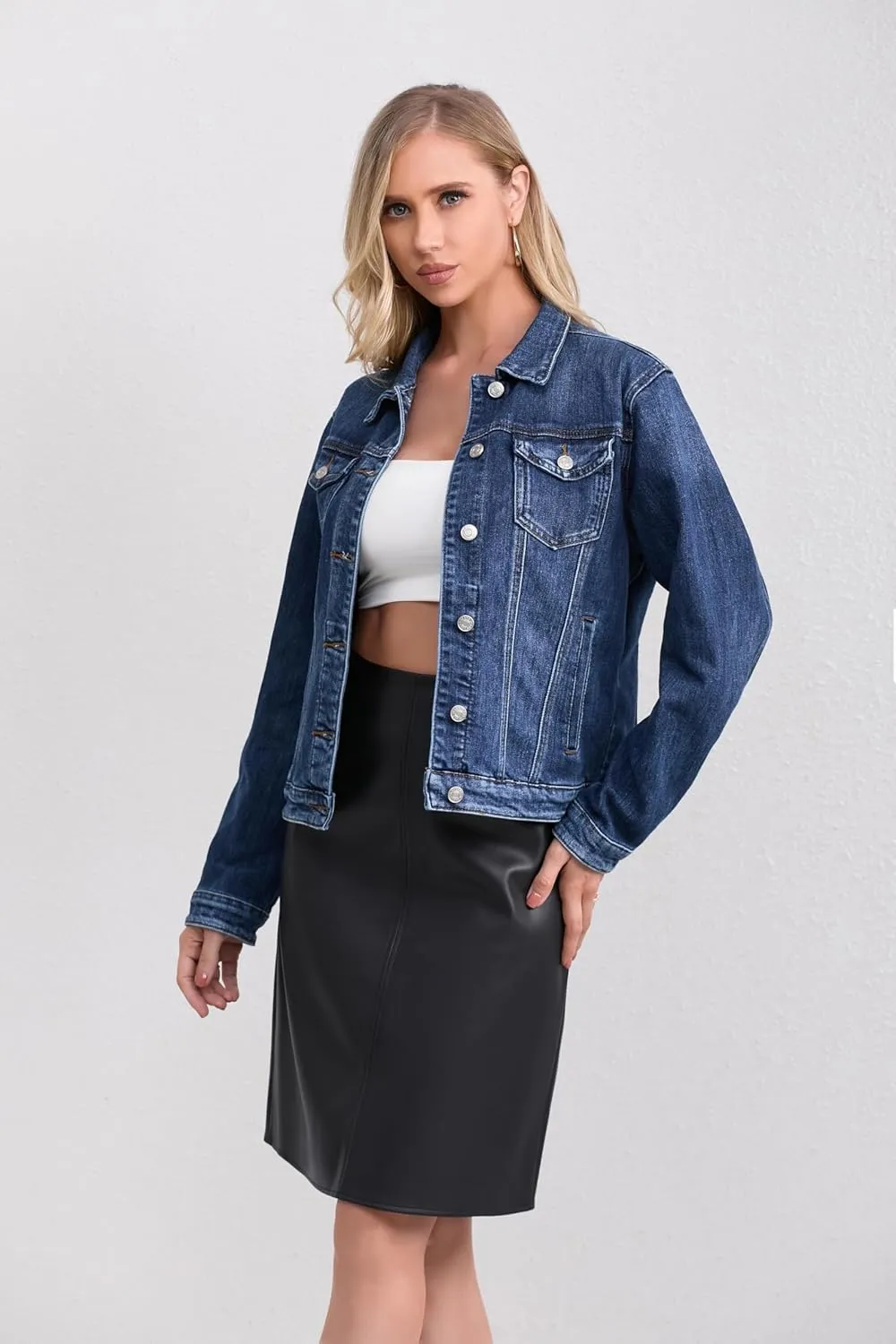 Women's Stretch Jean Jacket, Lightweight Soft Denim Jacket for Women Fitted Long Sleeve Womens Jean Trucker Coat