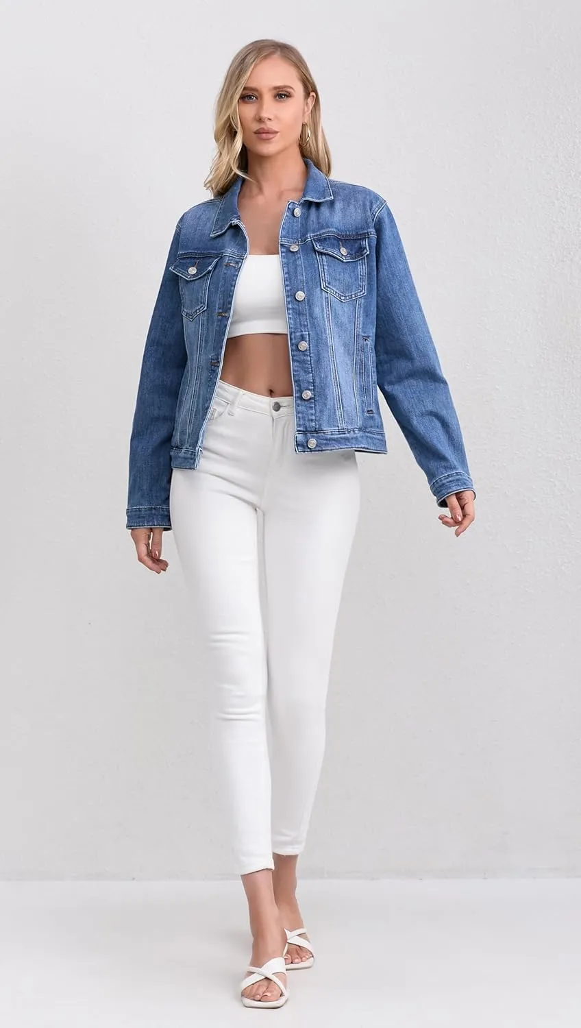 Women's Stretch Jean Jacket, Lightweight Soft Denim Jacket for Women Fitted Long Sleeve Womens Jean Trucker Coat