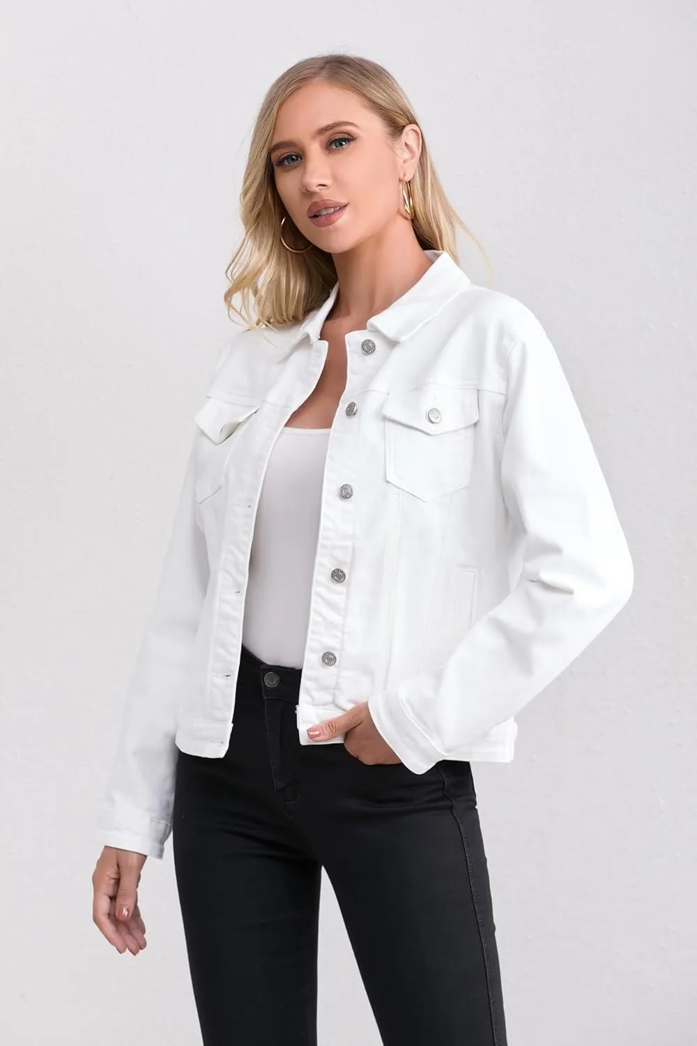 Women's Stretch Jean Jacket, Lightweight Soft Denim Jacket for Women Fitted Long Sleeve Womens Jean Trucker Coat