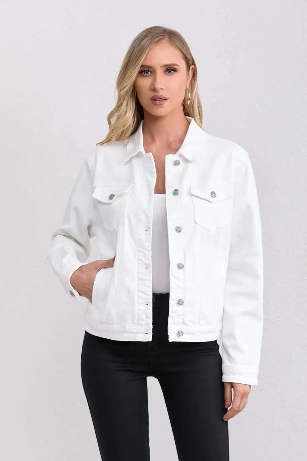 Women's Stretch Jean Jacket, Lightweight Soft Denim Jacket for Women Fitted Long Sleeve Womens Jean Trucker Coat