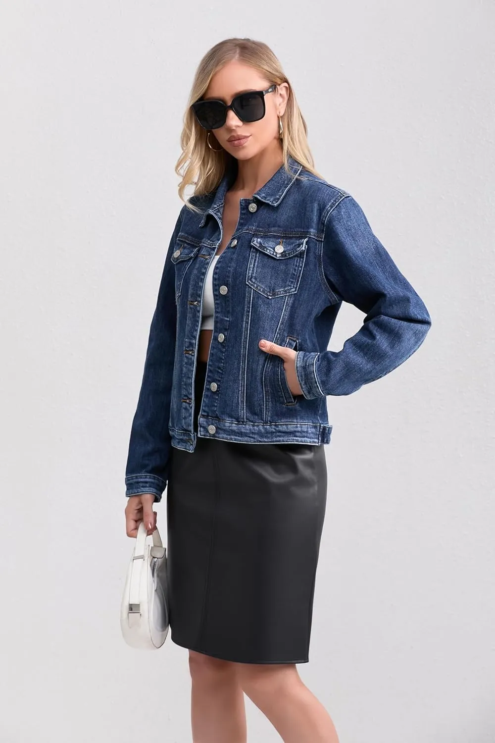 Women's Stretch Jean Jacket, Lightweight Soft Denim Jacket for Women Fitted Long Sleeve Womens Jean Trucker Coat
