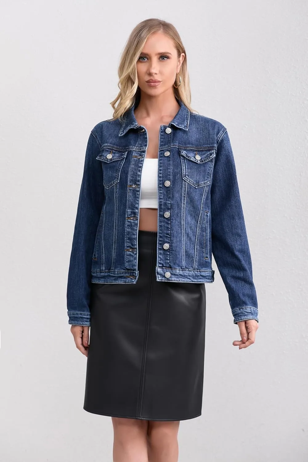 Women's Stretch Jean Jacket, Lightweight Soft Denim Jacket for Women Fitted Long Sleeve Womens Jean Trucker Coat