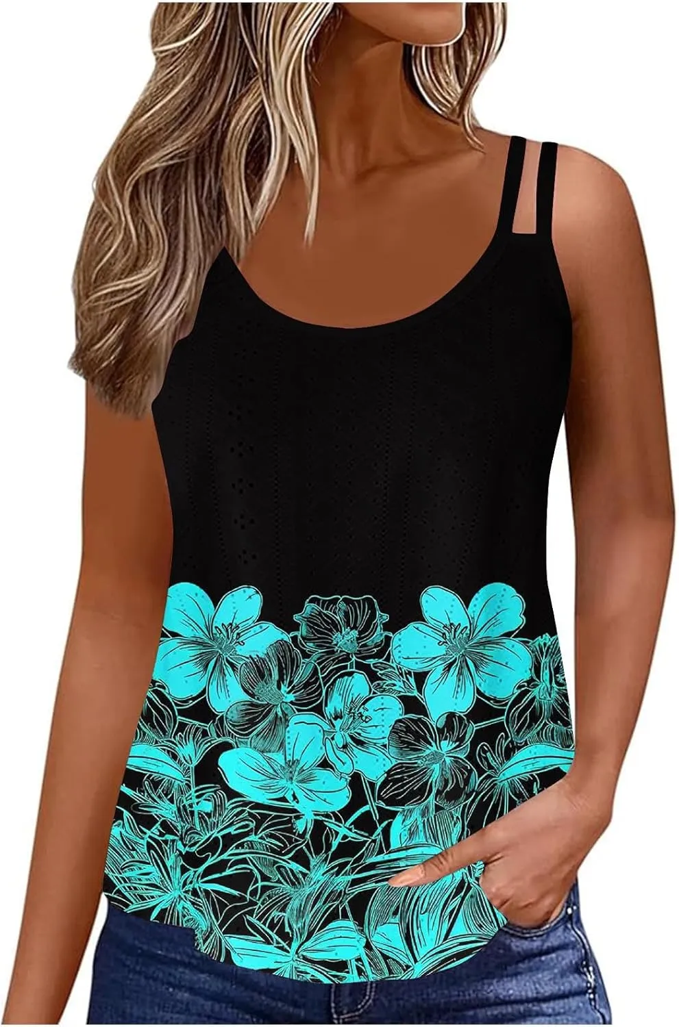 Womens Tank Tops Spaghetti Strap Camisoles Casual Summer Eyelet Shirts Sleeveless Blouses V Neck Cute Tunic Tops