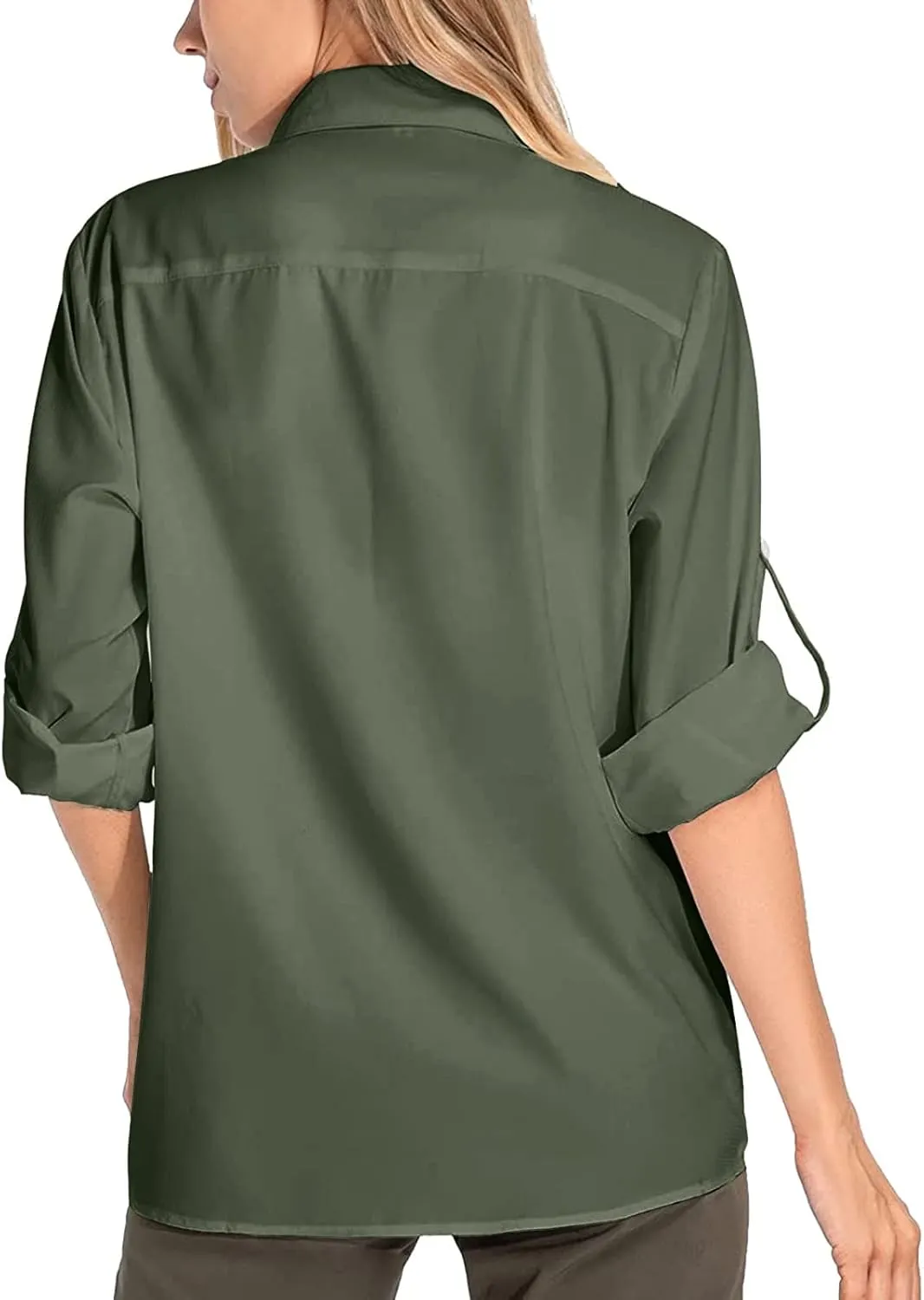 Womens UPF 50  Sun Protection Fishing Shirt Quick Dry Button Down Long Sleeve Shirts Solid Color Outdoor Travel Shirts