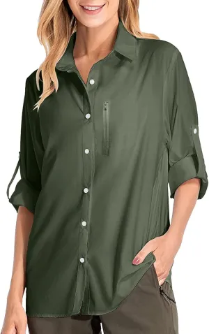 Womens UPF 50  Sun Protection Fishing Shirt Quick Dry Button Down Long Sleeve Shirts Solid Color Outdoor Travel Shirts