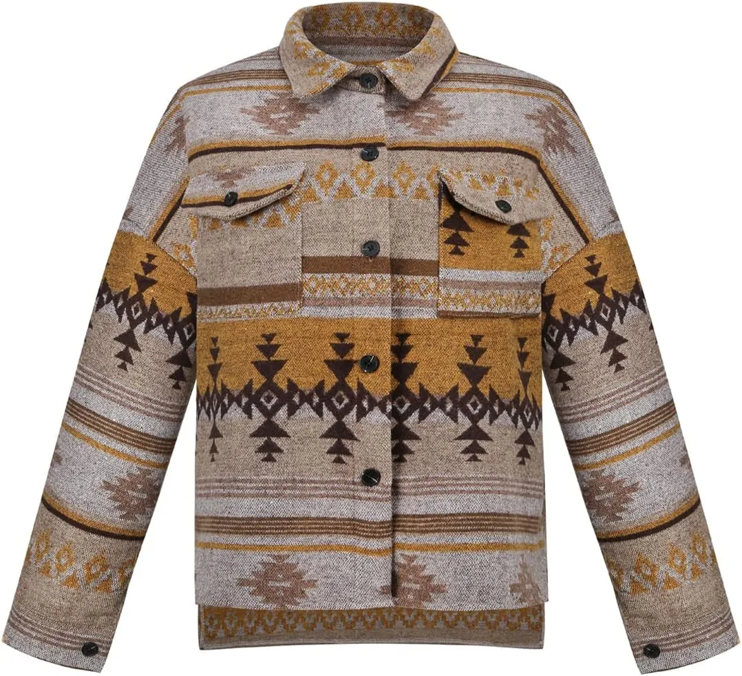 Women's Vintage Aztec Print Pattern Loose Shacket Button Down Long Sleeve Woolen Jacket Shirts Coat