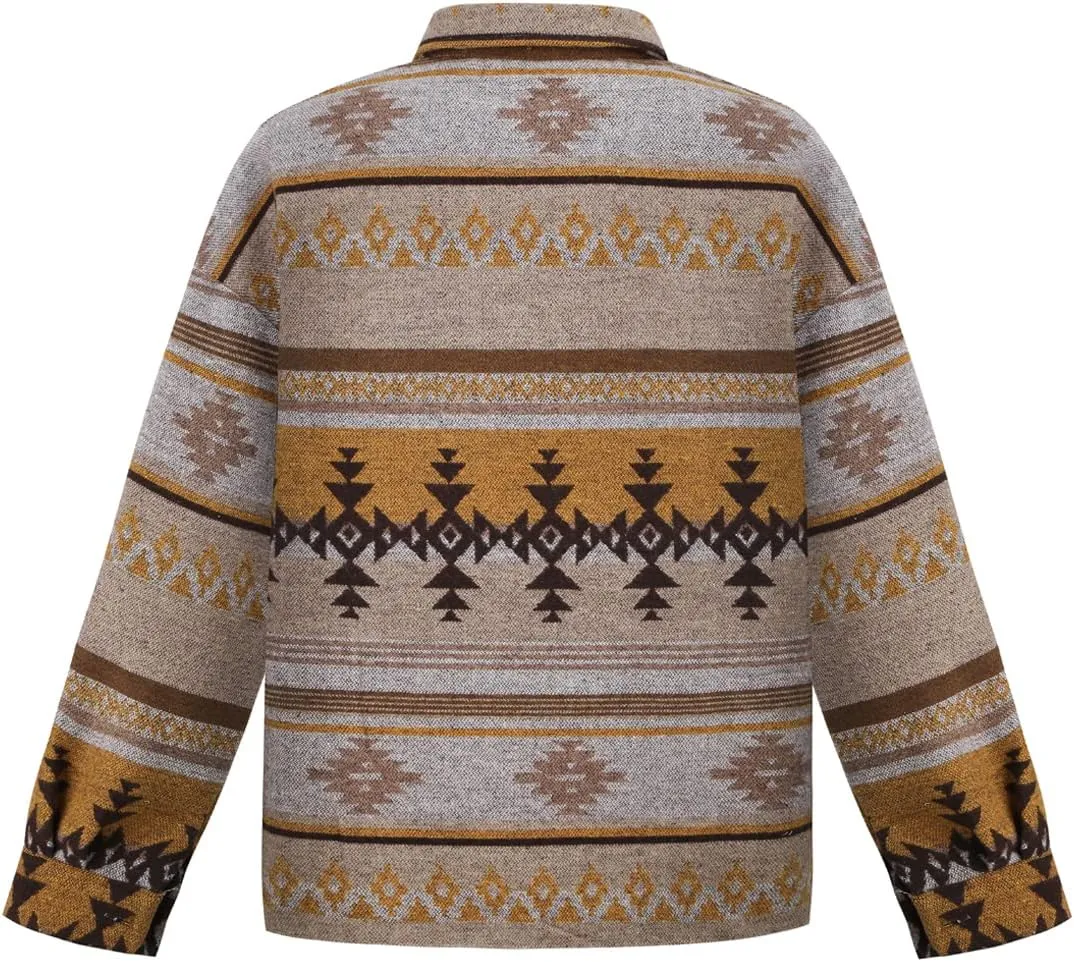 Women's Vintage Aztec Print Pattern Loose Shacket Button Down Long Sleeve Woolen Jacket Shirts Coat