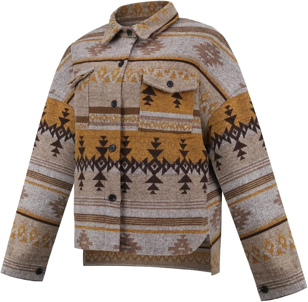 Women's Vintage Aztec Print Pattern Loose Shacket Button Down Long Sleeve Woolen Jacket Shirts Coat