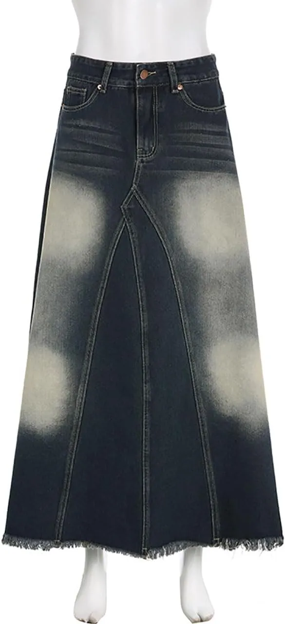 Women's Vintage Distressed Long Maxi Denim Skirt Raw Edge Fishtail Large A-Line Long Jean Skirts