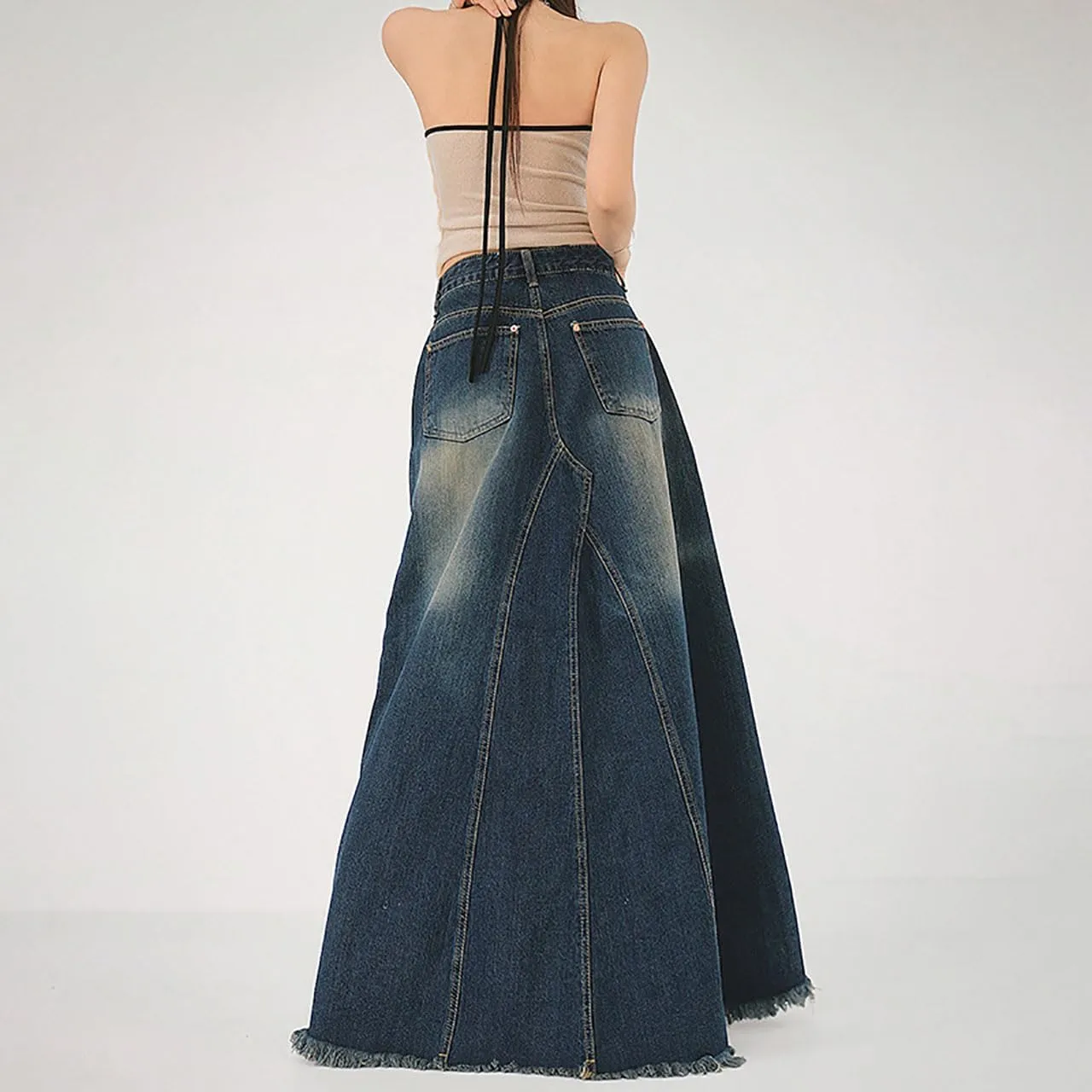 Women's Vintage Distressed Long Maxi Denim Skirt Raw Edge Fishtail Large A-Line Long Jean Skirts