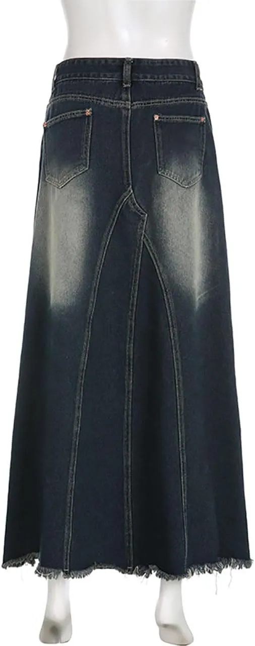 Women's Vintage Distressed Long Maxi Denim Skirt Raw Edge Fishtail Large A-Line Long Jean Skirts
