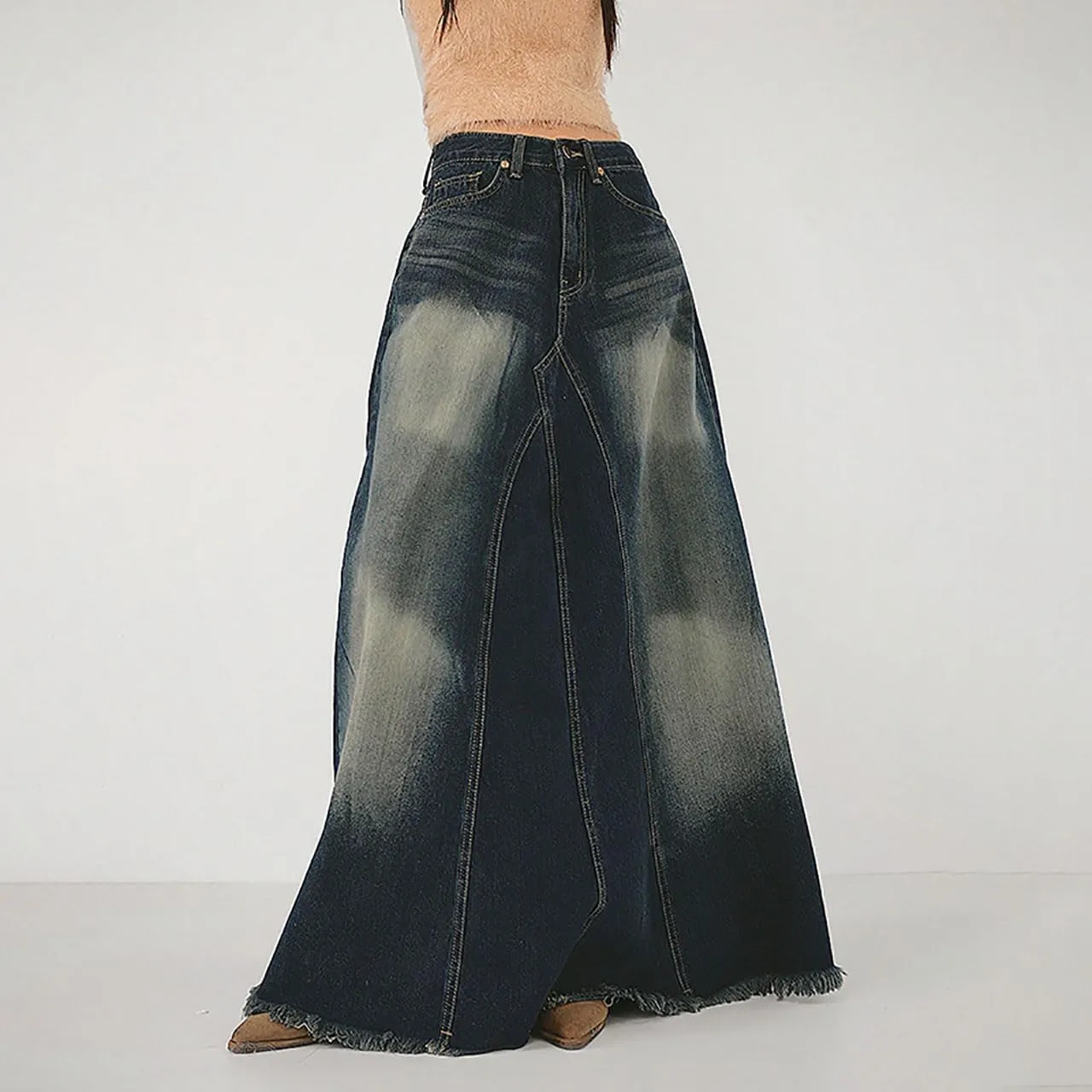 Women's Vintage Distressed Long Maxi Denim Skirt Raw Edge Fishtail Large A-Line Long Jean Skirts