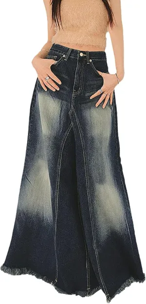 Women's Vintage Distressed Long Maxi Denim Skirt Raw Edge Fishtail Large A-Line Long Jean Skirts