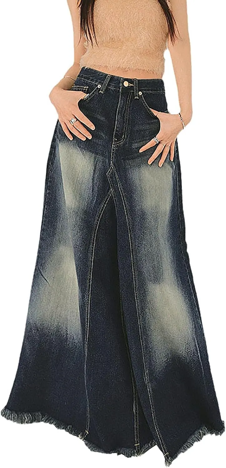 Women's Vintage Distressed Long Maxi Denim Skirt Raw Edge Fishtail Large A-Line Long Jean Skirts