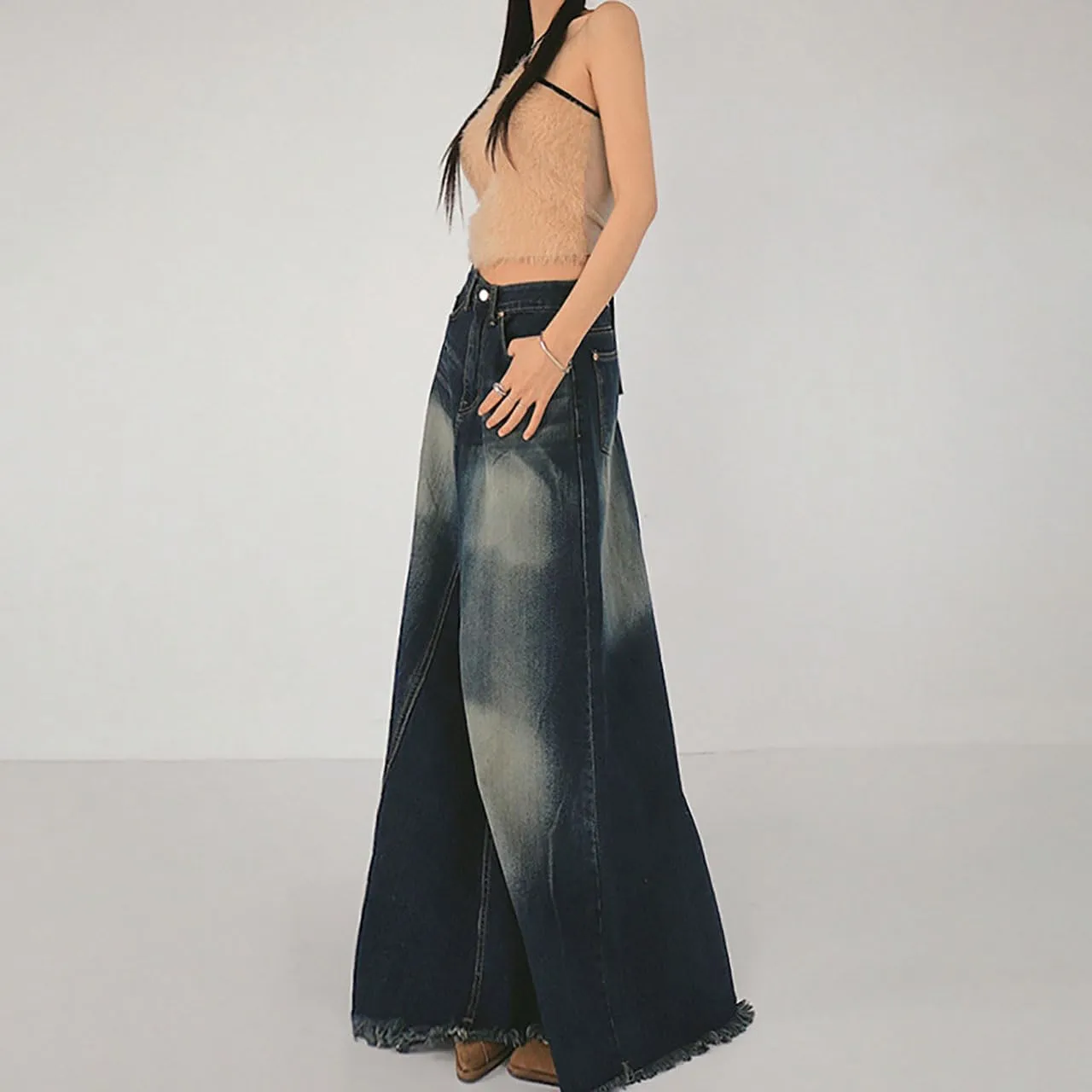 Women's Vintage Distressed Long Maxi Denim Skirt Raw Edge Fishtail Large A-Line Long Jean Skirts