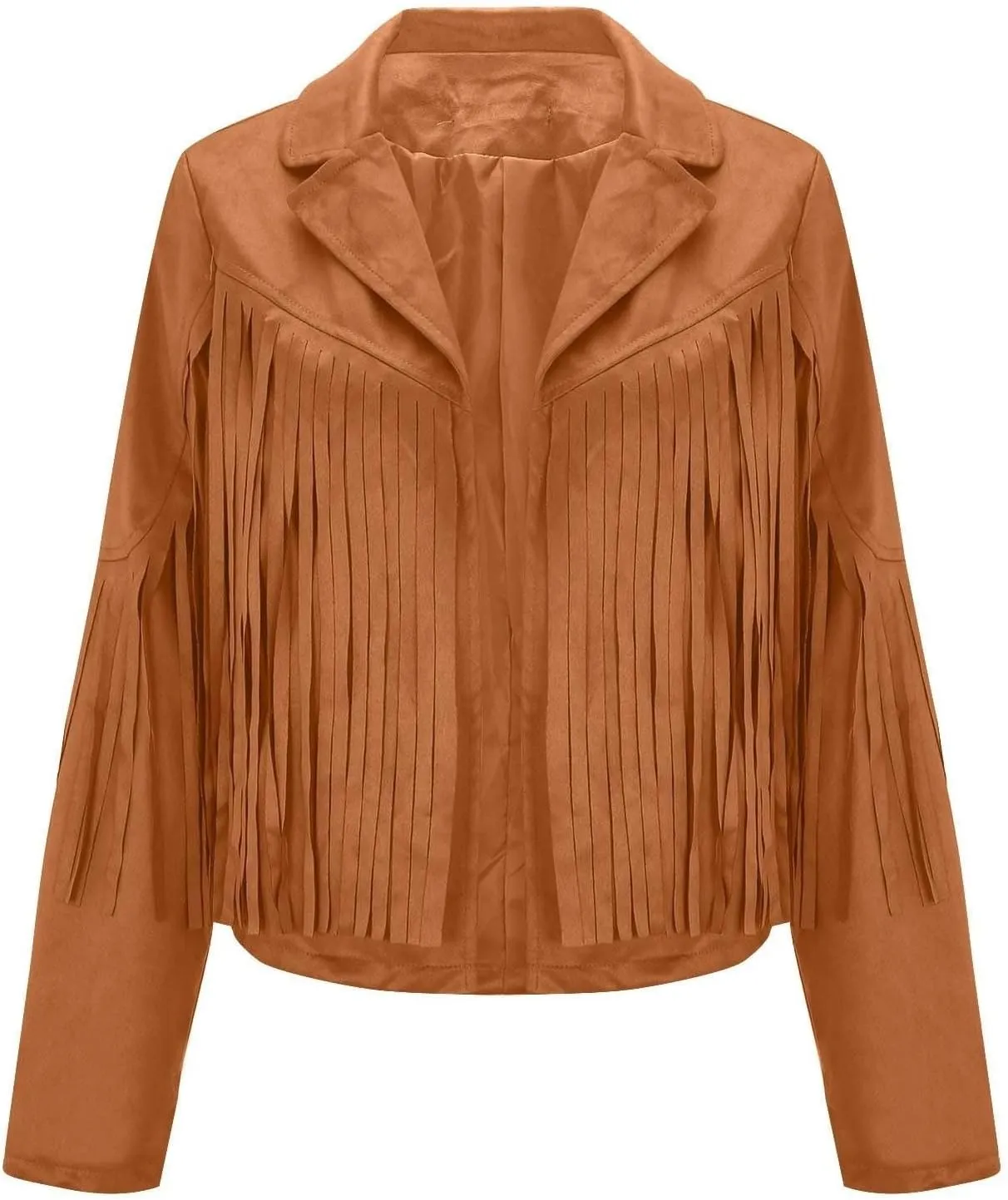 Womens Vintage Fringe Faux Suede Leather Cropped Jackets Fall Winter Motorcycle Moto Biker Short Open Front Tassel Coat