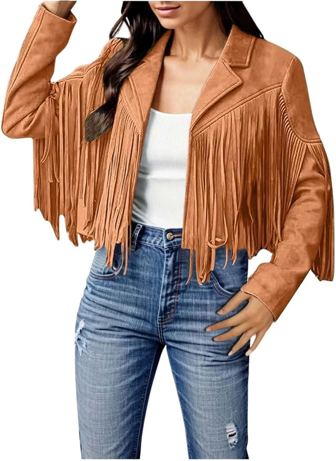 Womens Vintage Fringe Faux Suede Leather Cropped Jackets Fall Winter Motorcycle Moto Biker Short Open Front Tassel Coat