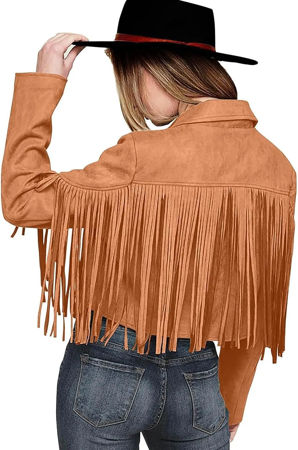 Womens Vintage Fringe Faux Suede Leather Cropped Jackets Fall Winter Motorcycle Moto Biker Short Open Front Tassel Coat
