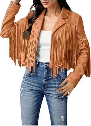 Womens Vintage Fringe Faux Suede Leather Cropped Jackets Fall Winter Motorcycle Moto Biker Short Open Front Tassel Coat