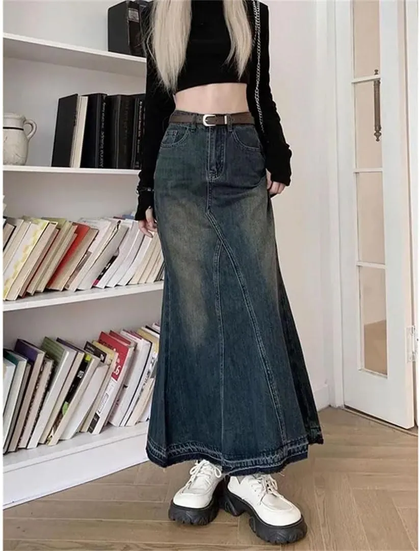 Women's Vintage Washing Denim Skirt High-Waisted Slimming Long Skirt Street Patchwork Style Maxi Skirts