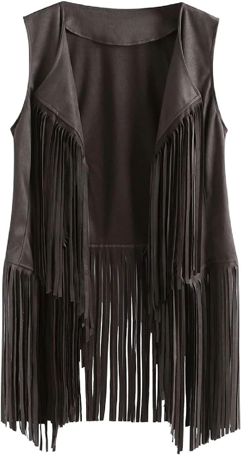 Womens Vintage Western Fringe Vest Tops Classic Suede Leather 70s Cowboy Shirt Sleeveless Tassels Cardigan Jackets