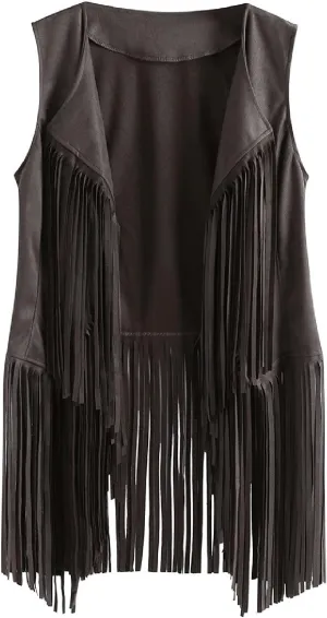 Womens Vintage Western Fringe Vest Tops Classic Suede Leather 70s Cowboy Shirt Sleeveless Tassels Cardigan Jackets