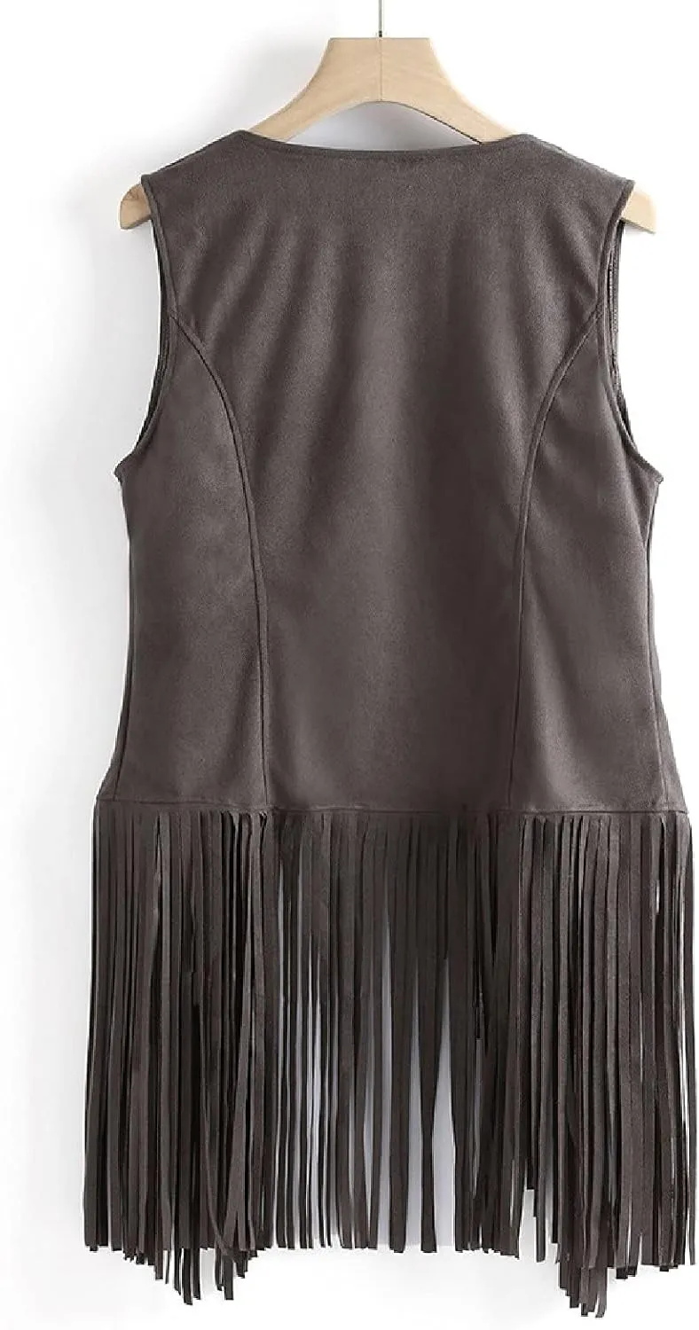Womens Vintage Western Fringe Vest Tops Classic Suede Leather 70s Cowboy Shirt Sleeveless Tassels Cardigan Jackets