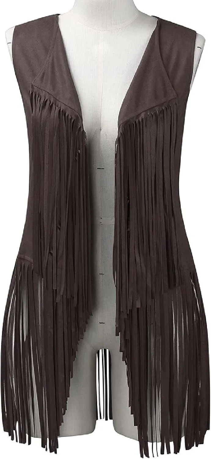 Womens Vintage Western Fringe Vest Tops Classic Suede Leather 70s Cowboy Shirt Sleeveless Tassels Cardigan Jackets