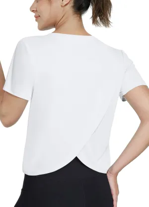 Women's Workout Shirts Short Sleeve Cropped Split Back Athletic Tops Active Running Gym Quick Dry Sun Shirts UPF 50 