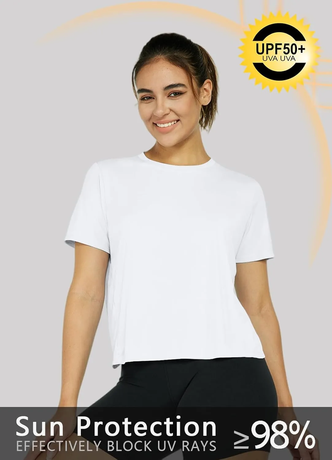 Women's Workout Shirts Short Sleeve Cropped Split Back Athletic Tops Active Running Gym Quick Dry Sun Shirts UPF 50 
