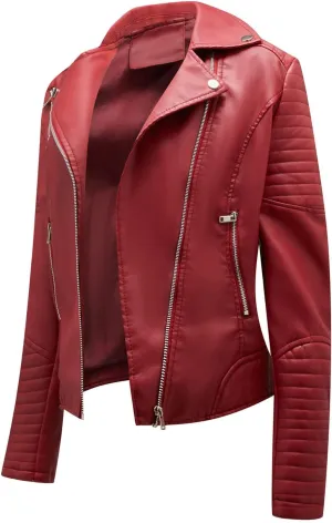 Womens Zip Up Long Sleeve Leather Jacket Motorcycle Leather Jacket PU Leather Jacket Fashion Women Moto Biker Jacket