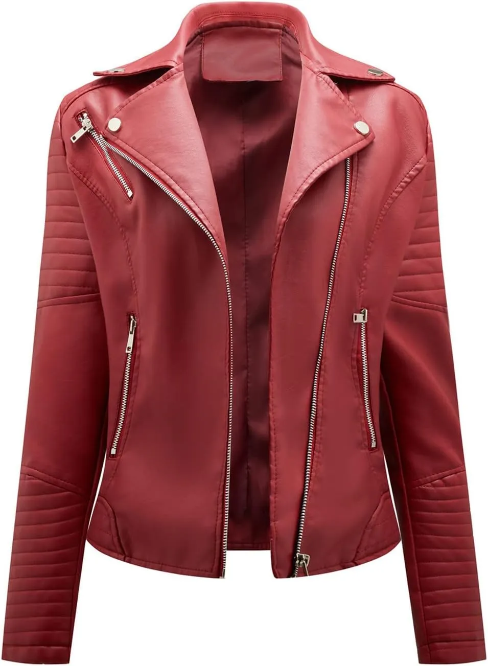 Womens Zip Up Long Sleeve Leather Jacket Motorcycle Leather Jacket PU Leather Jacket Fashion Women Moto Biker Jacket