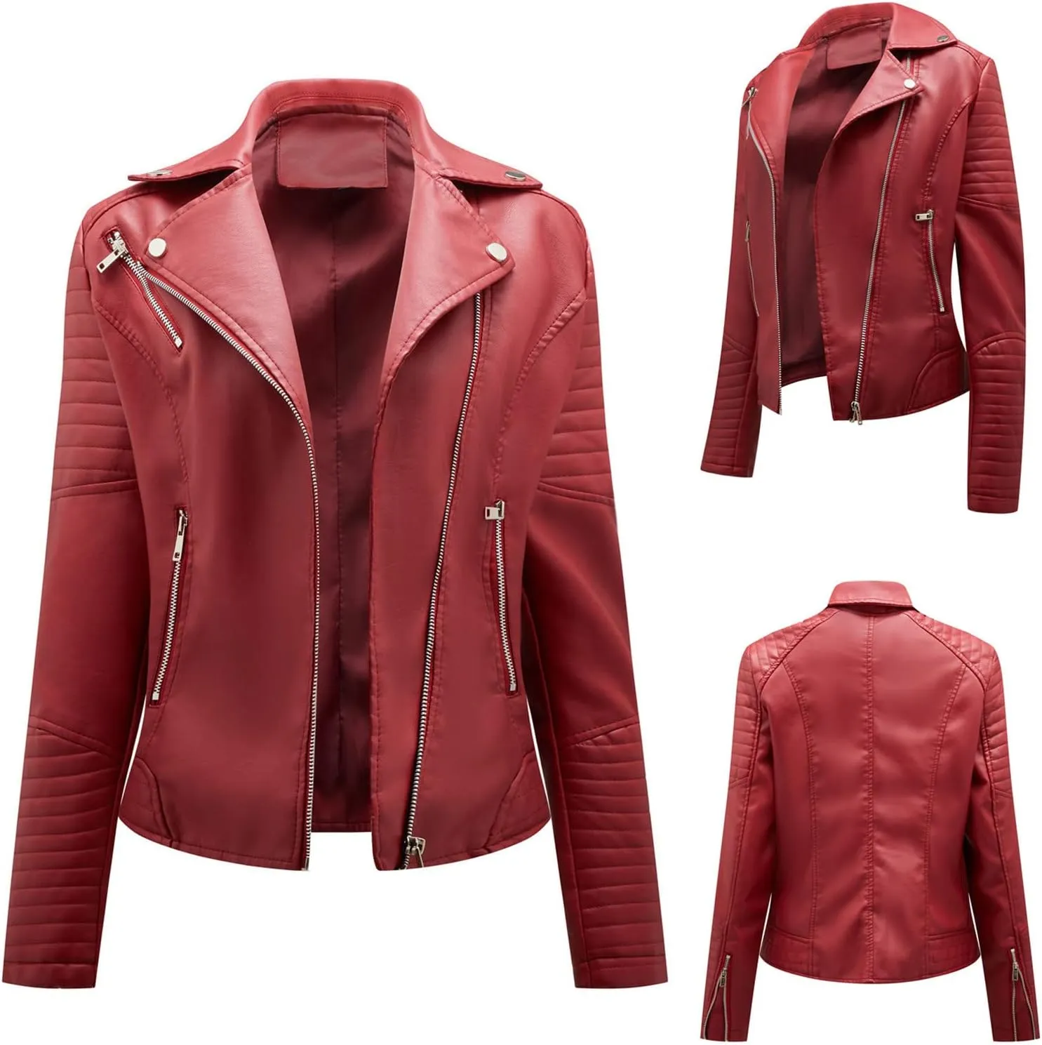 Womens Zip Up Long Sleeve Leather Jacket Motorcycle Leather Jacket PU Leather Jacket Fashion Women Moto Biker Jacket