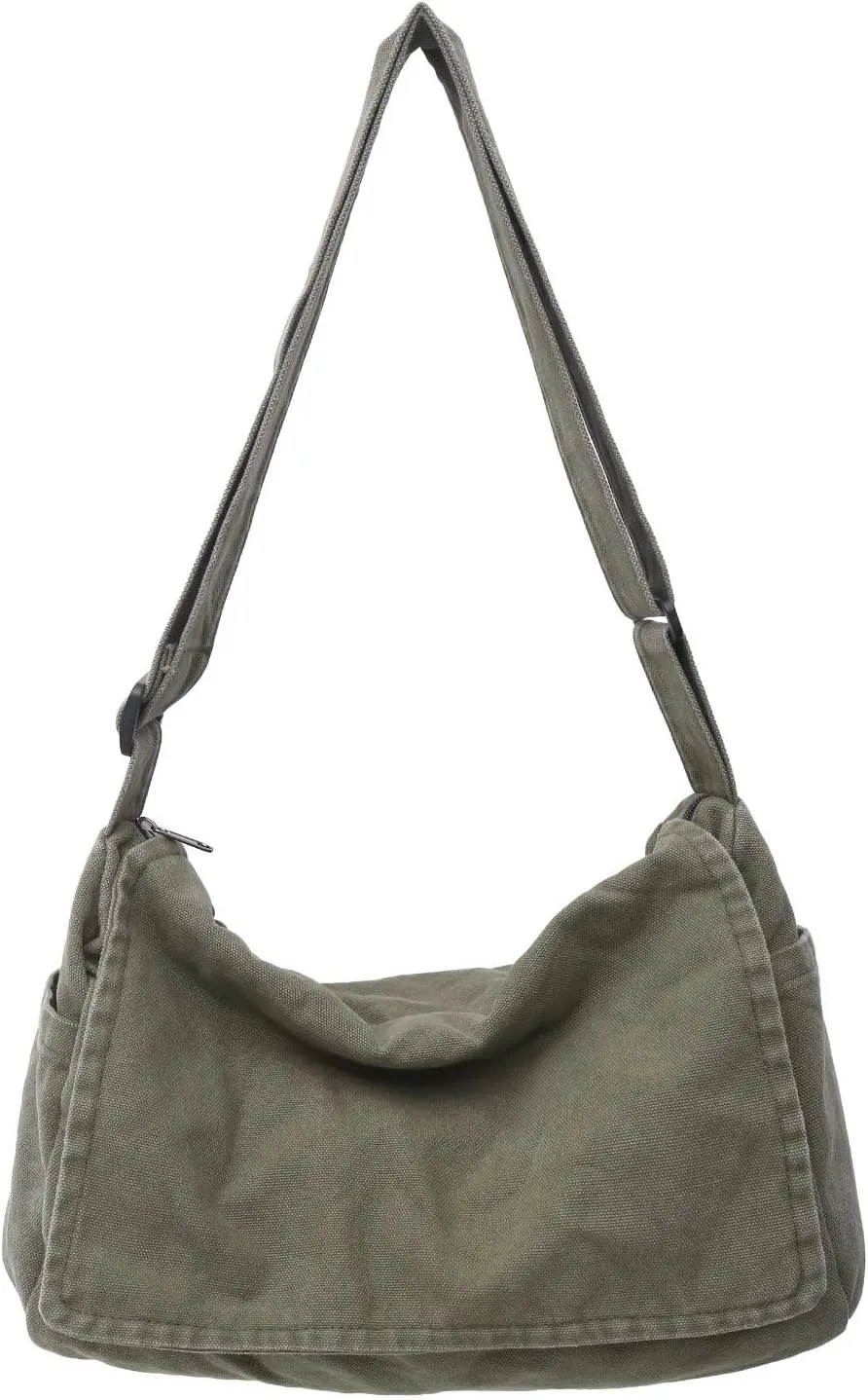 Wxnow Lightweight Canvas Tote Bag for Work Travel, Multi-Pocket Unisex Crossbody 15" Laptop Sleeve Large Shopping Tote (Green)