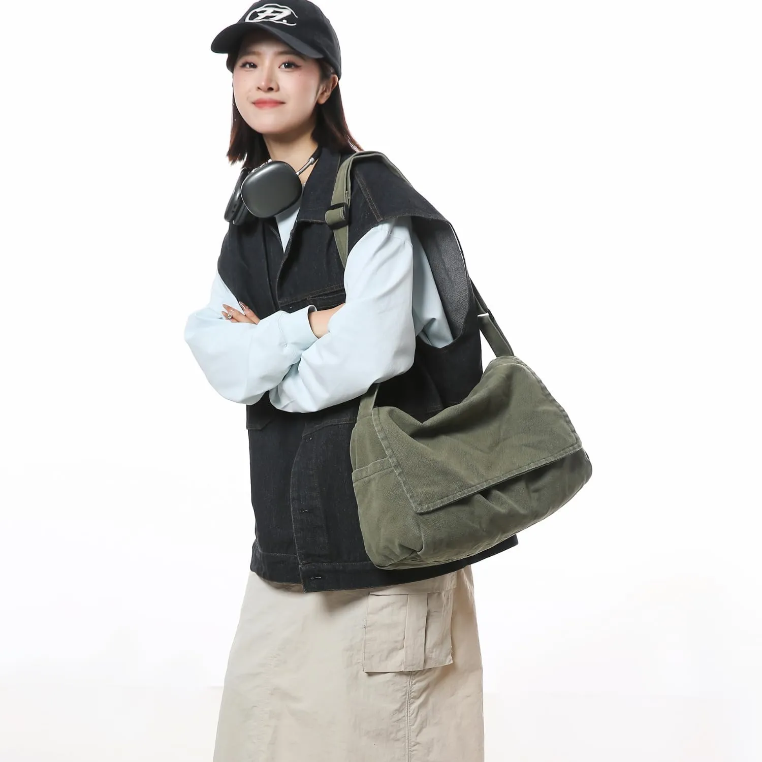 Wxnow Lightweight Canvas Tote Bag for Work Travel, Multi-Pocket Unisex Crossbody 15" Laptop Sleeve Large Shopping Tote (Green)
