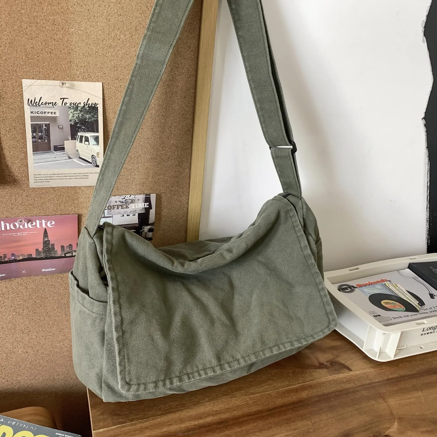 Wxnow Lightweight Canvas Tote Bag for Work Travel, Multi-Pocket Unisex Crossbody 15" Laptop Sleeve Large Shopping Tote (Green)