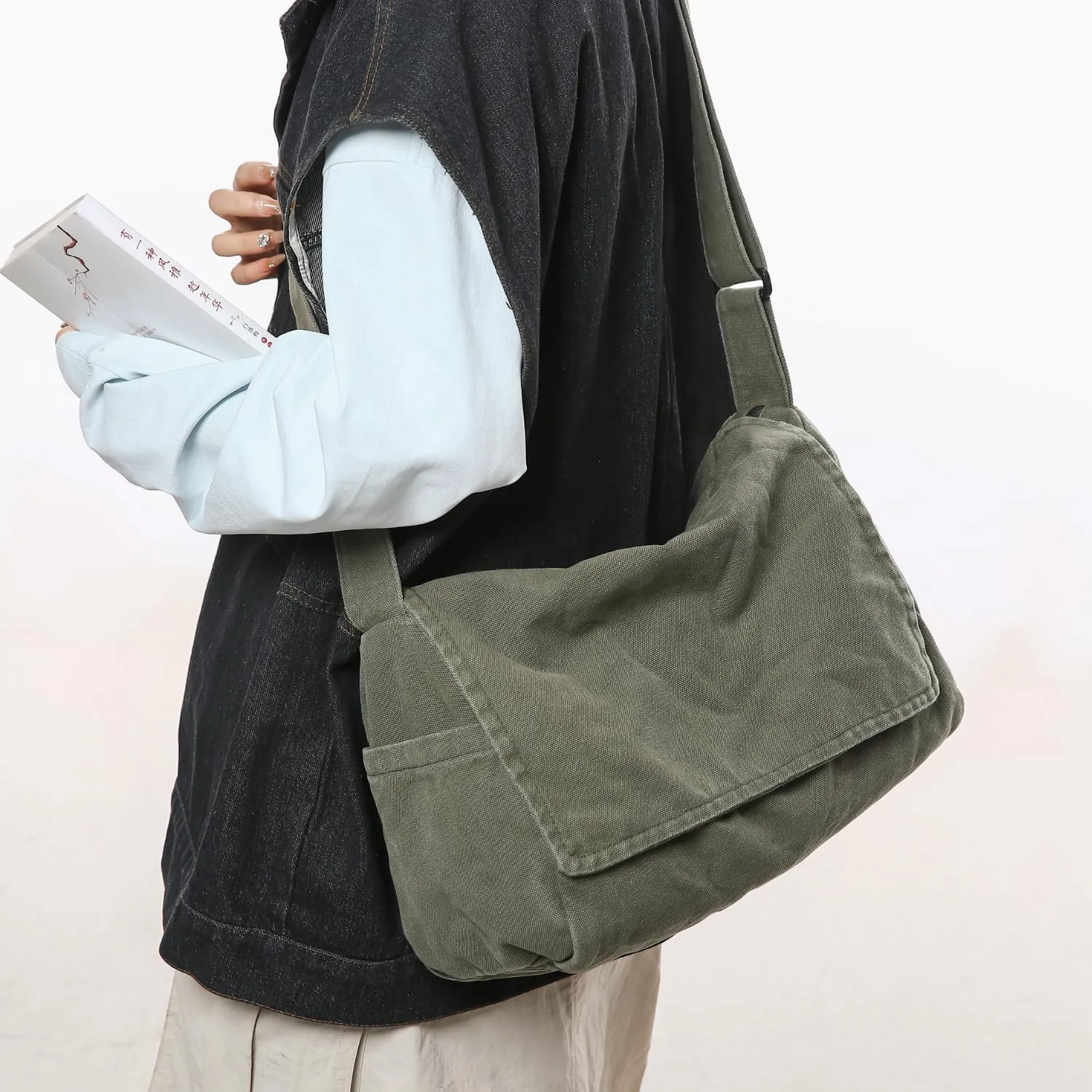 Wxnow Lightweight Canvas Tote Bag for Work Travel, Multi-Pocket Unisex Crossbody 15" Laptop Sleeve Large Shopping Tote (Green)
